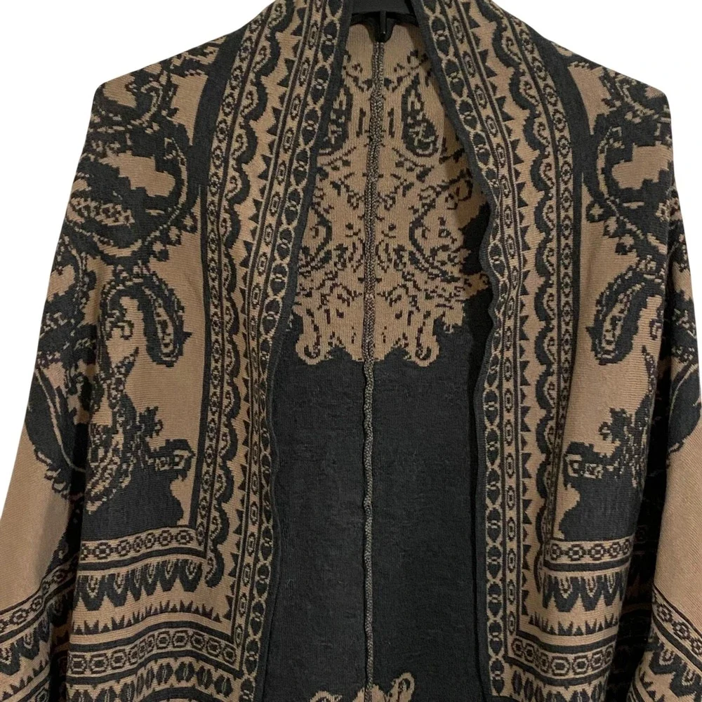 Cut25 Folk Paisley Shawl Wrap Women M Tan Black Boho Open Front Poncho